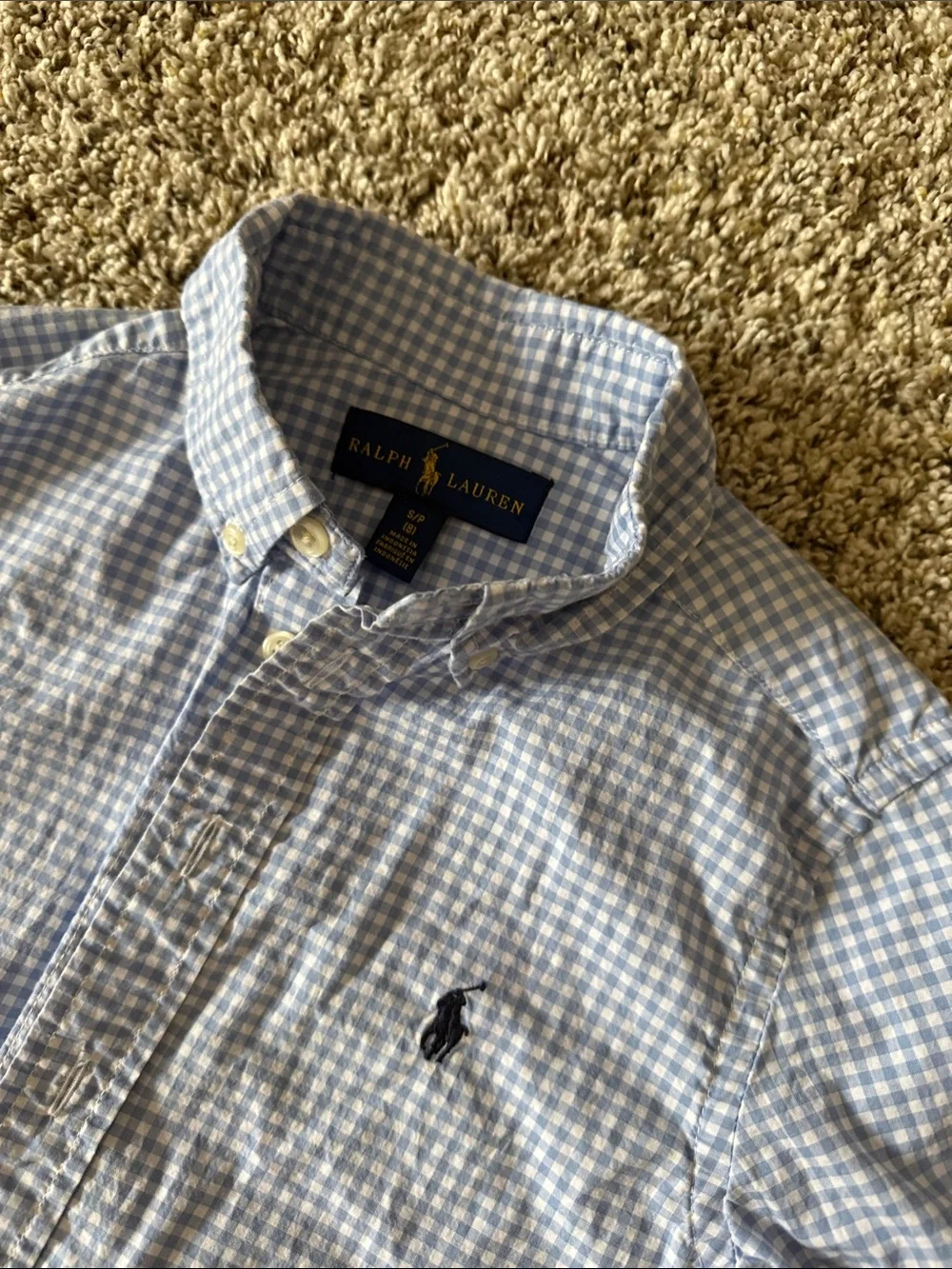 Ralph Lauren Light Blue & White Gingham Button-Down Shirt boys size small 8